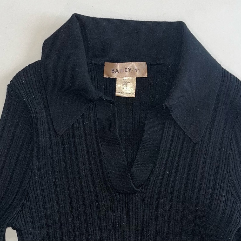Bailey 44 Ribbed Black Sweater, V-Neck Collared, Long Sleeve, Size Large
